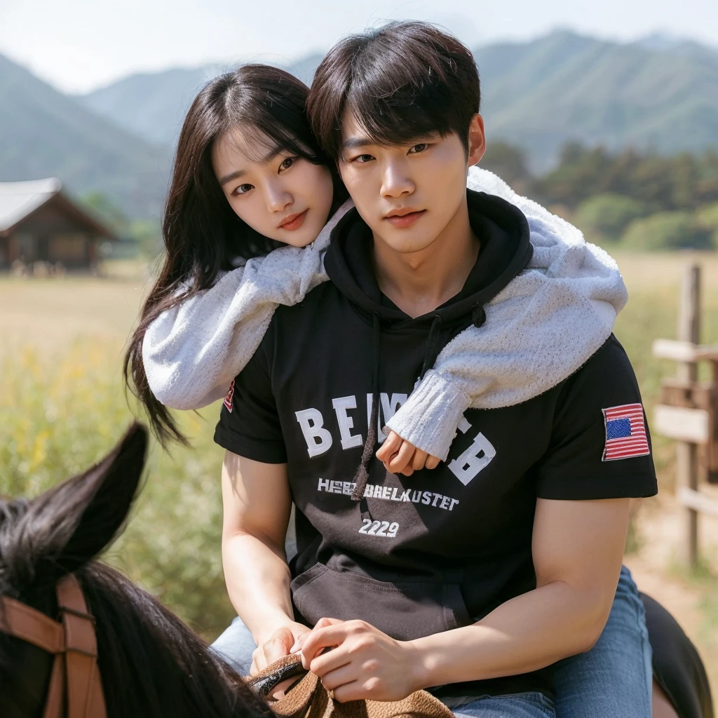 a handsome Korean man wearing a white hoodie, branded short-sleeved t-shirt,, was riding on a woman&#39;s back(his girlfriend) the beautiful one with black hair, playing horse, women wear sweaters, was hugging the man, The background is in a small green grassy garden, cool sunny atmosphere