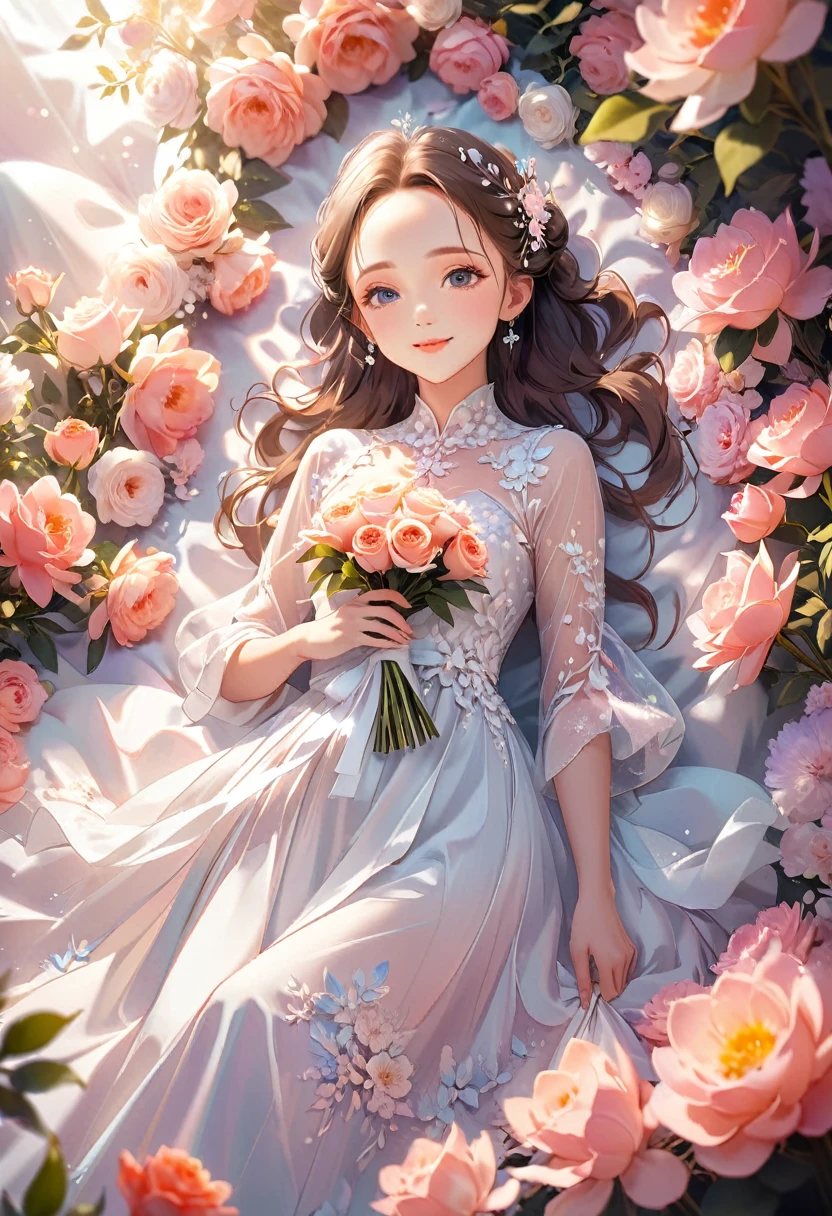 8K,high-res,((ultra detailed face)),Describe a scene in which a beautiful woman character is lying on  lot of flowers, she is 20 years old,wearing a beautiful dress,. Surround her with colorful flowers.(((big smiling))).((forehead)),pastel theme,kindness,soft focus,soft lighting