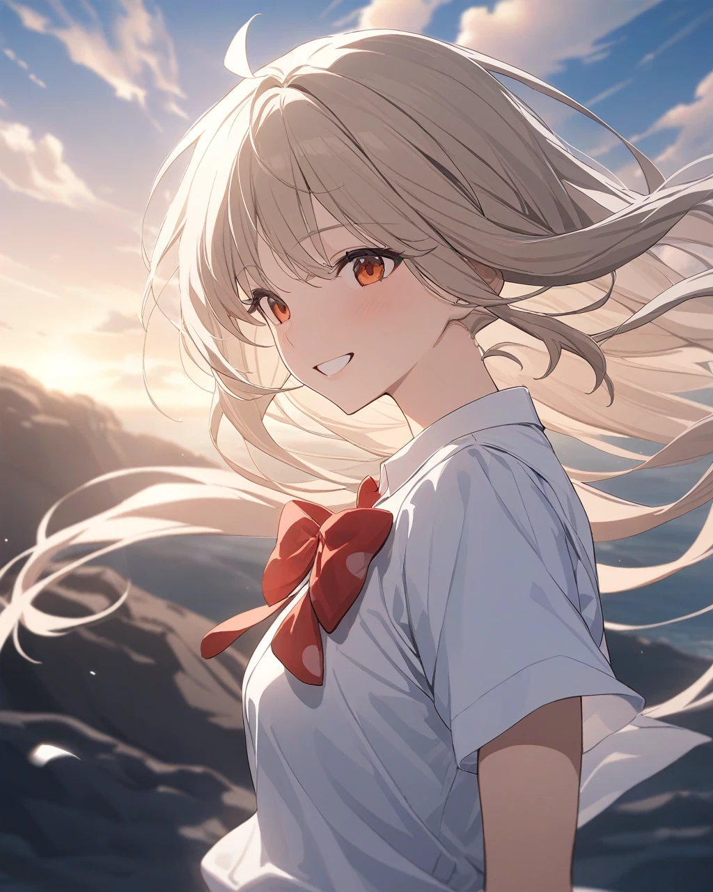 masterpiece,Highest quality,Game CG,red_bow,bowtie,smile,bow,1人of女of子,green_null,Wind,white_shirt,alone,null,mouth_of_rock!,red_bowtie,summer,cloud,close_Nijika,shirt,