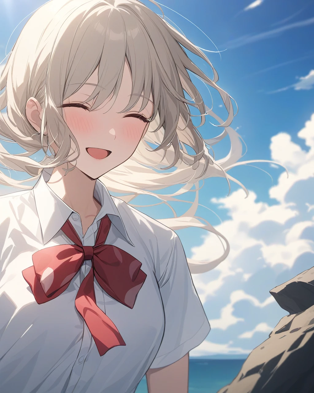 masterpiece,Highest quality,Game CG,red_bow,bowtie,smile,bow,1人of女of子,green_null,Wind,white_shirt,alone,null,mouth_of_rock!,red_bowtie,summer,cloud,close_Nijika,shirt,