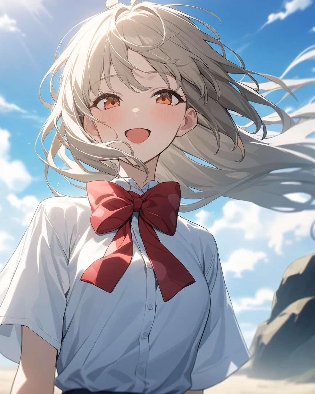 masterpiece,Highest quality,Game CG,red_bow,bowtie,smile,bow,1人of女of子,green_null,Wind,white_shirt,alone,null,mouth_of_rock!,red_bowtie,summer,cloud,close_Nijika,shirt,