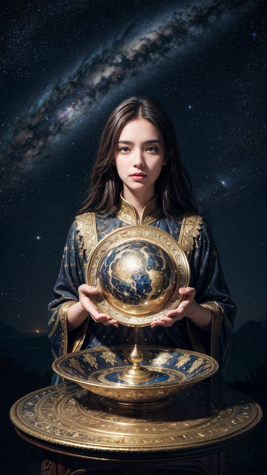 artwork, Surrealism, Very detailed, Intricate details, painting, best quality, universe, Starry Sky, A woman holding a double plate scale, Pound sign concept, Golden Ratio, beautiful, universe concept, 8K, light, Starry Sky background, Vibrant colors, Ultra HD, author:Greg Rutkowski