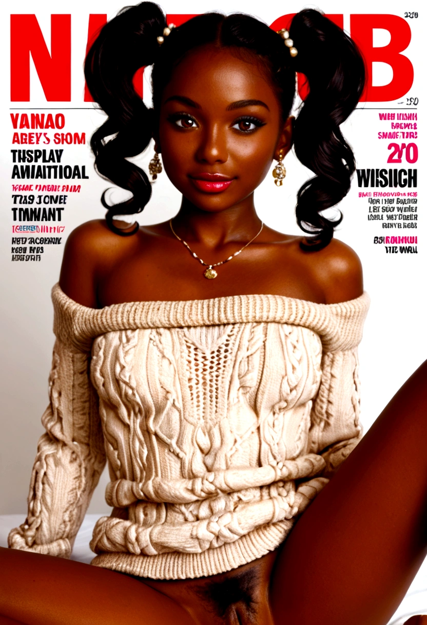 Magazine cover,Twin Tails,Beautiful sexy black woman(Wear an off-shoulder sweater),,(dark skin),E7E48U,excited,Small Breasts,pubic hair