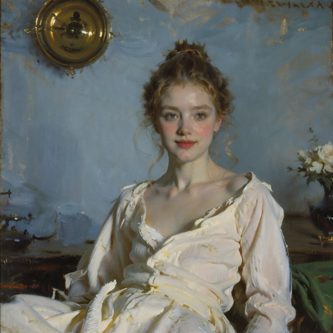 a portrait of a beautiful young girl, 18 years old, with long bright blonde hair, green eyes, wearing a classic white pajama robe, in a classical portrait style, oil painting, side view, face in focus, small smile, plain blue background, highly detailed, photorealistic, cinematic lighting, delicate skin, intricate facial features, elegant expression