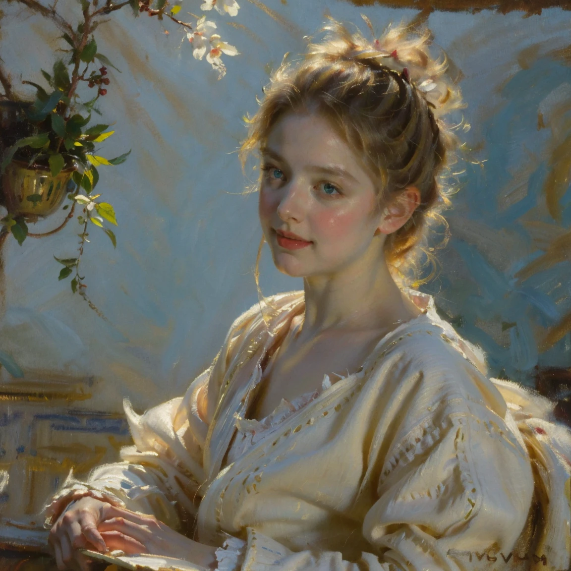 a portrait of a beautiful young girl, 18 years old, with long bright blonde hair, green eyes, wearing a classic white pajama robe, in a classical portrait style, oil painting, side view, face in focus, small smile, plain blue background, highly detailed, photorealistic, cinematic lighting, delicate skin, intricate facial features, elegant expression