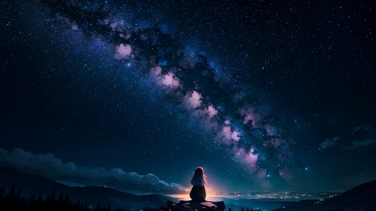 Anime Starry Sky,Dark Background,Sitting Girl, A thoughtful and beautiful view of the stars,Mysterious,Beautiful Landscape,Breathtakingly beautiful,Feeling the beat through images,The scale of the painting is fascinating, 4K Wallpaper Images.