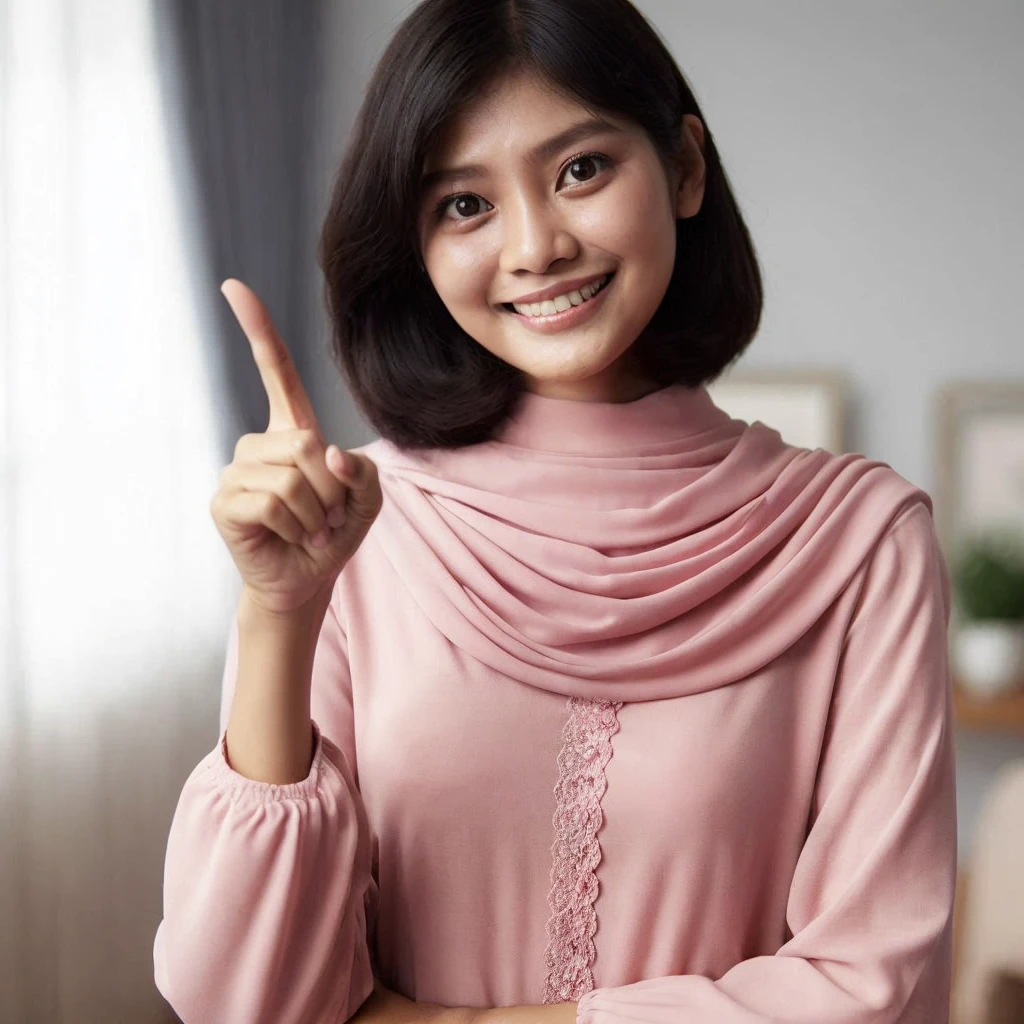 indonesian mother, 29 years old, short hair, thick hair, pink longsleeve, polite clothes, pointing pointing upwards, medium view, smile, room bakcground, Ultra HD --v 6.0, high brightness, soft bright lighting, daylight lighting