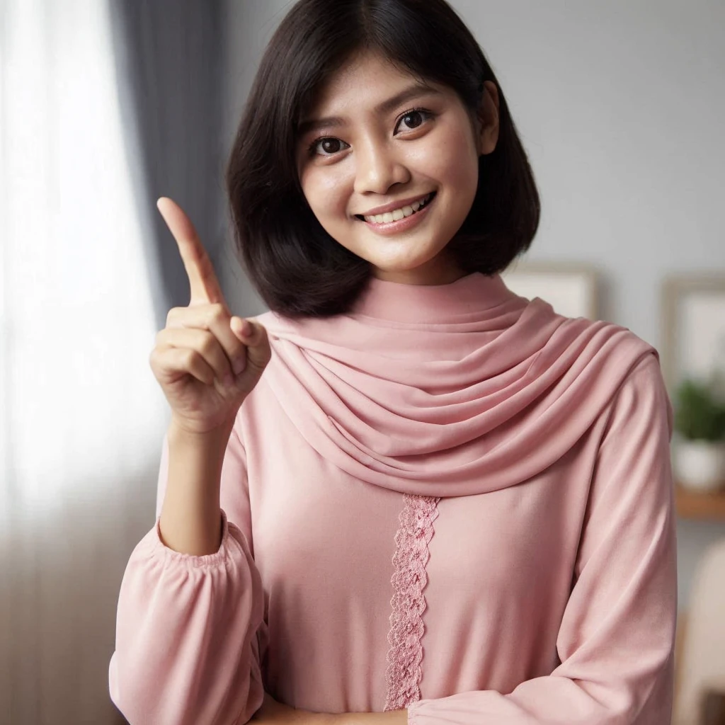 indonesian mother, 29 years old, short hair, thick hair, pink longsleeve, polite clothes, pointing pointing upwards, medium view, smile, room bakcground, Ultra HD --v 6.0, high brightness, soft bright lighting, daylight lighting