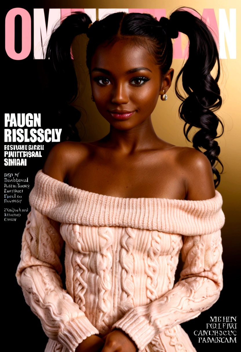 Magazine cover,Twin Tails,Beautiful sexy black woman(Wear an off-shoulder sweater),,(dark skin),E7E48U,excited,Small Breasts,pubic hair