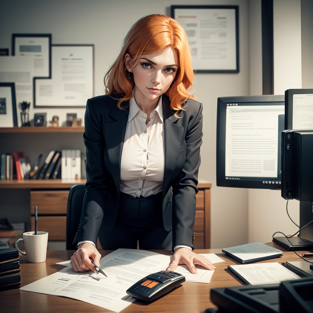 orange hair, woman sitting at desk talking on telephone with computer monitor, 1 9 8 0 s business fashion, business woman, 1 9 8 0 s woman, woman in business suit, young business woman, denis velleneuve, female in office dress, sat at her desk, female lawyer, wearing a strict business suit, serious business, working hard, portrait of kim wexler