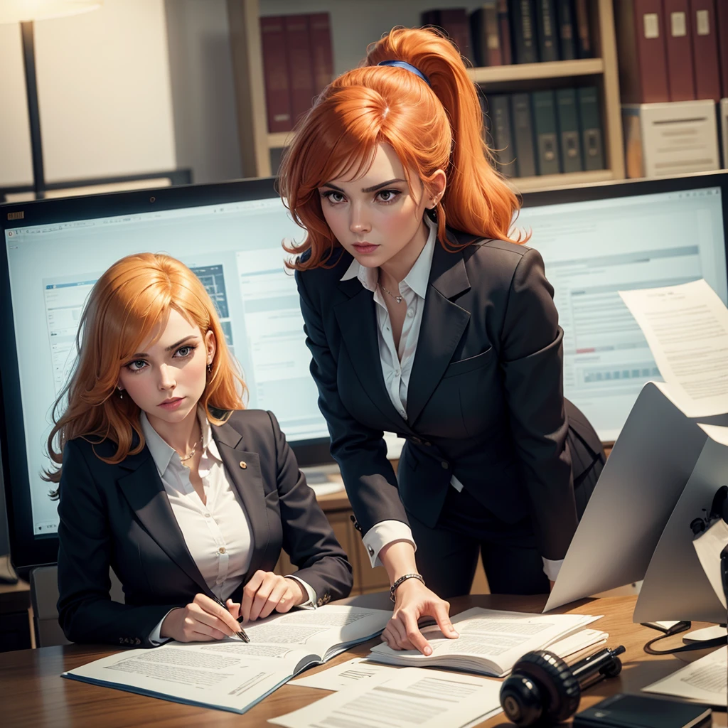  orange hair, woman sitting at desk talking on telephone with computer monitor, 1 9 8 0 s business fashion, business woman, 1 9 8 0 s woman, woman in business suit, young business woman, denis velleneuve, female in office dress, sat at her desk, female lawyer, wearing a strict business suit, serious business, working hard, portrait of kim wexler