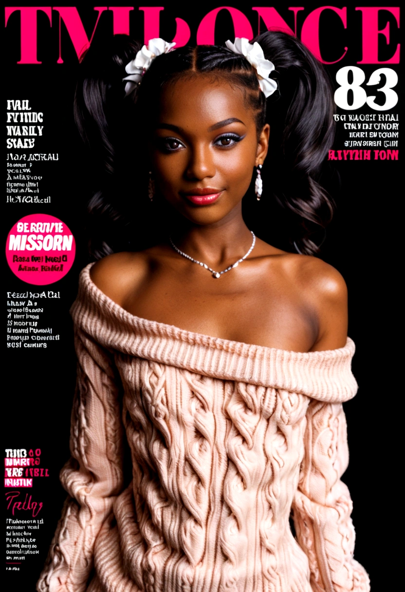 Magazine cover,Twin Tails,Beautiful sexy black woman(Wear an off-shoulder sweater),,(dark skin),E7E48U，excited，Small Breasts，pubic hair