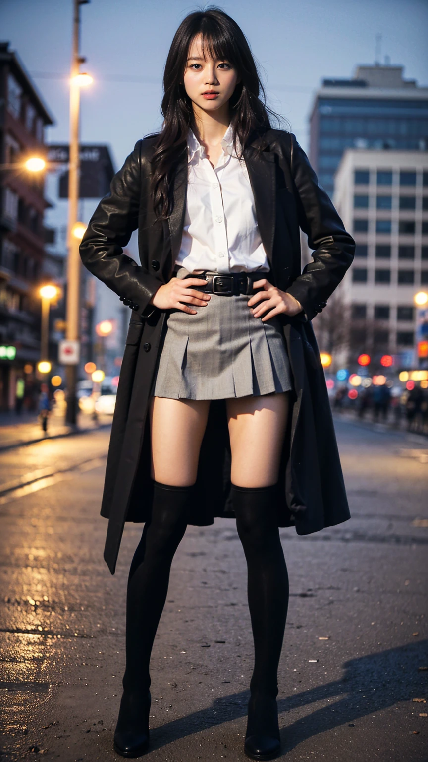 (8K、RAW Photos、Highest quality、masterpiece:1.2)、(Realistic、Realistic)、1 Girl、((Check mini skirt、Long coat、Medium Hair、black、Thin legs、whole body、boots、blackいコート、one piece、tights、Night Park、View from the front、Looking into the camera、belt、Stand with hands on hips))、cute