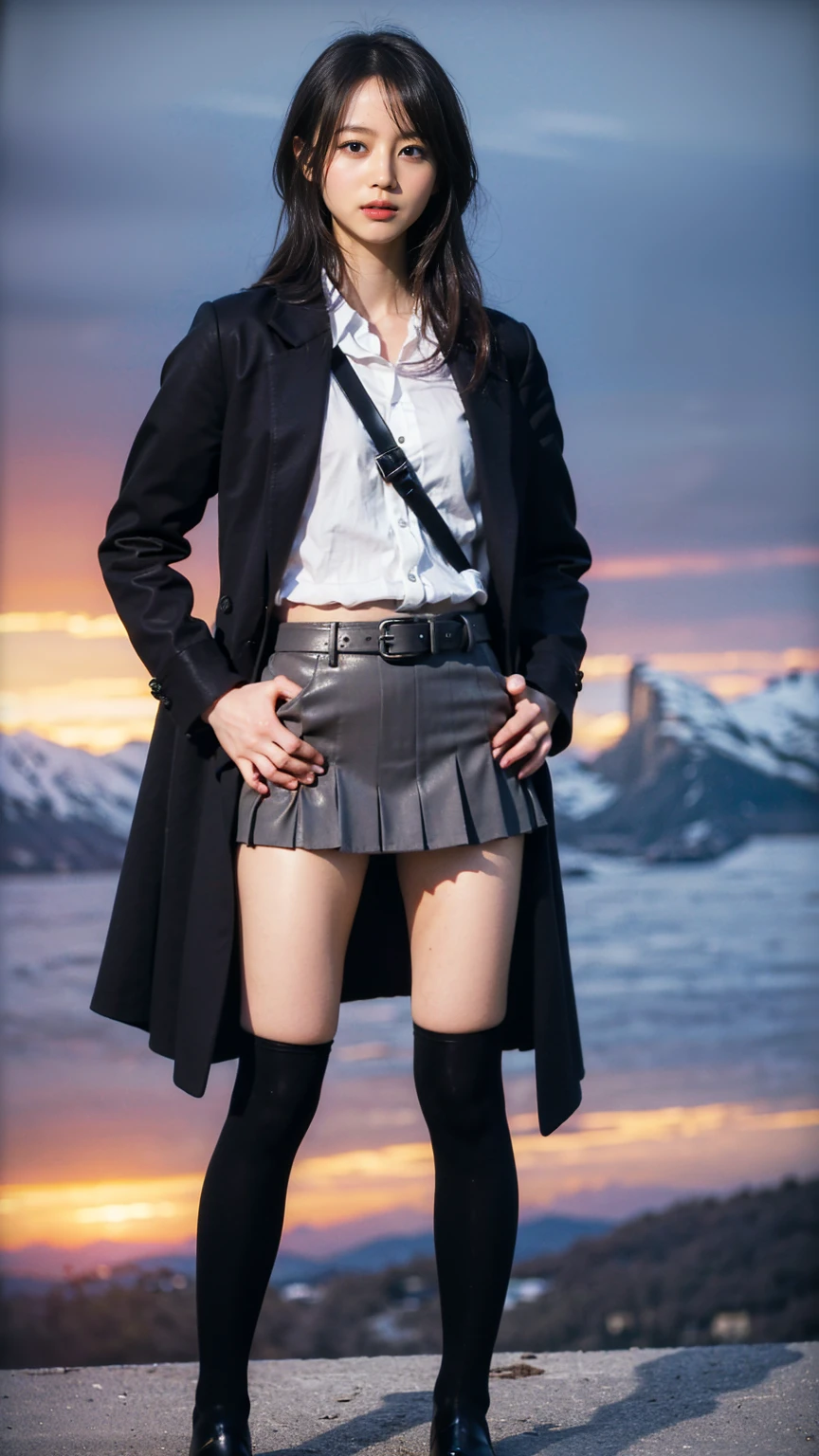 (8K、RAW Photos、Highest quality、masterpiece:1.2)、(Realistic、Realistic)、1 Girl、((Check mini skirt、Long coat、Medium Hair、black、Thin legs、whole body、boots、blackいコート、one piece、tights、Night Park、View from the front、Looking into the camera、belt、Stand with hands on hips))、cute