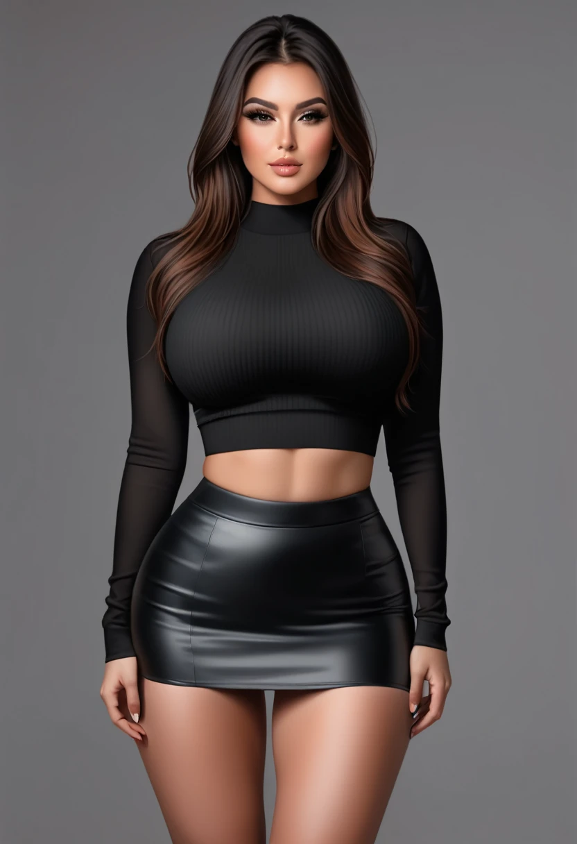 a woman busty and medium thick with crop top with long sleeves and a little black skirt, 8k, thick lengs, standing straight both hands down