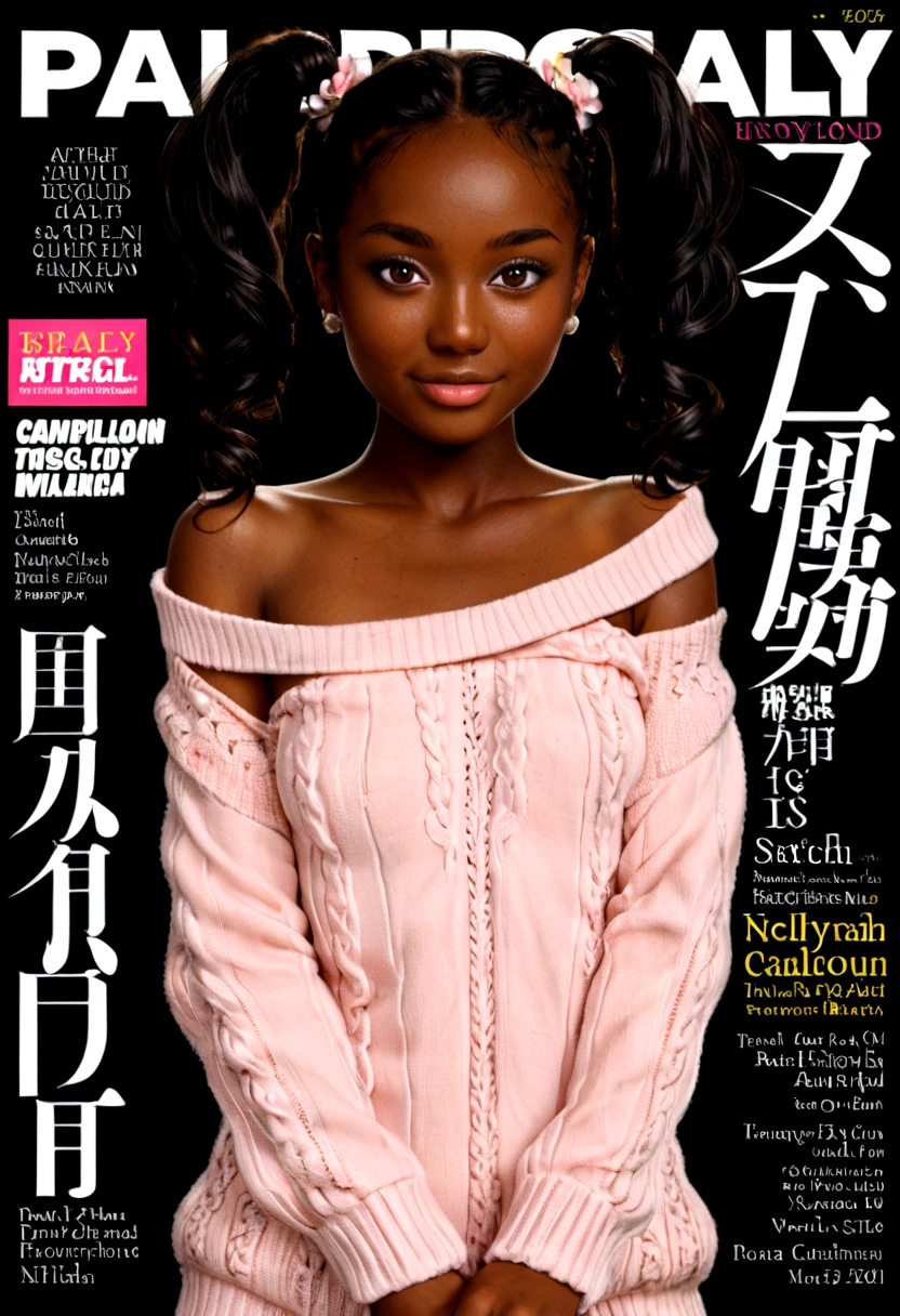 Magazine cover,Twin Tails,Beautiful sexy black woman(Wear an off-shoulder sweater),,(dark skin),E7E48U，excited，Small Breasts，pubic hair