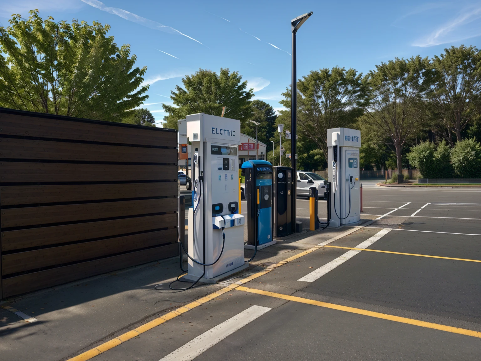 there are two electric charging stations in a parking lot, shutterstock, charging through city, hyper realistic ”, hyper realistic”, eeri, the photo shows a large, scenic full shot, high quality picture, a hyper realistic, photorealism ”, by Randy Post, port, photorealistic”, photorealistic ”, alternate angle, energy, asset, electric, happy!!!, typical