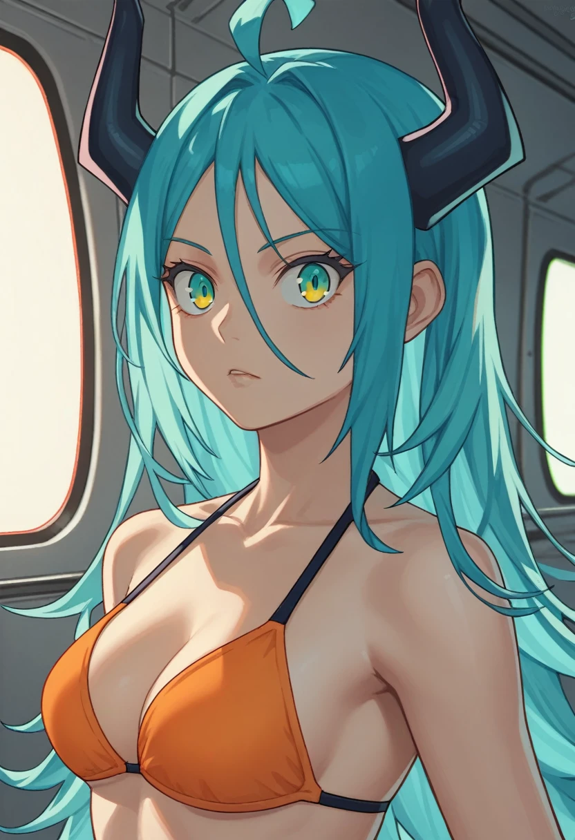 score_9, score_8_up, score_7_up,1 daemon woman, black  horns, black demon tail, (aquamarine hair),aquamarine green color hair,ahoge, long hair, (long hair),bangs, light orange bikini, bikini is orange, bikini orange, orange bikini!, (aquamarine eyes), background is spaceship, aquamarine eyes, 1woman ,facing viewer, daemon girl,  close up,Well-endowed, alone, Spacecraft interior, sexy pose