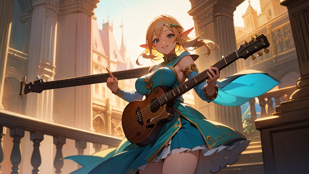 Thick thighs,Anime Style,A detailed background with many people,Magical World,A lively balcony with many people,Smiling bard beautiful elf girl,guitar,Large Breasts