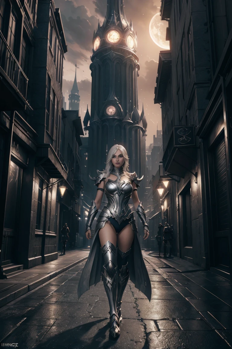 concept art (Digital Artwork:1.3) of (Simple illustration:1.3) a woman in a silver and white costume standing in a city, from lineage 2, wearing witchblade armor, lineage 2 revolution style, unreal engine render saint seiya, of a beautiful female warframe, from ncsoft, silver armor and red clothing, hyperdetailed fantasy character, style game square enix, unreal engine render a goddess, 8 k character details CGSociety,ArtStation,(Low Contrast:1.3) . digital artwork, illustrative, painterly, matte painting, highly detailed bacground dark fantasy city night