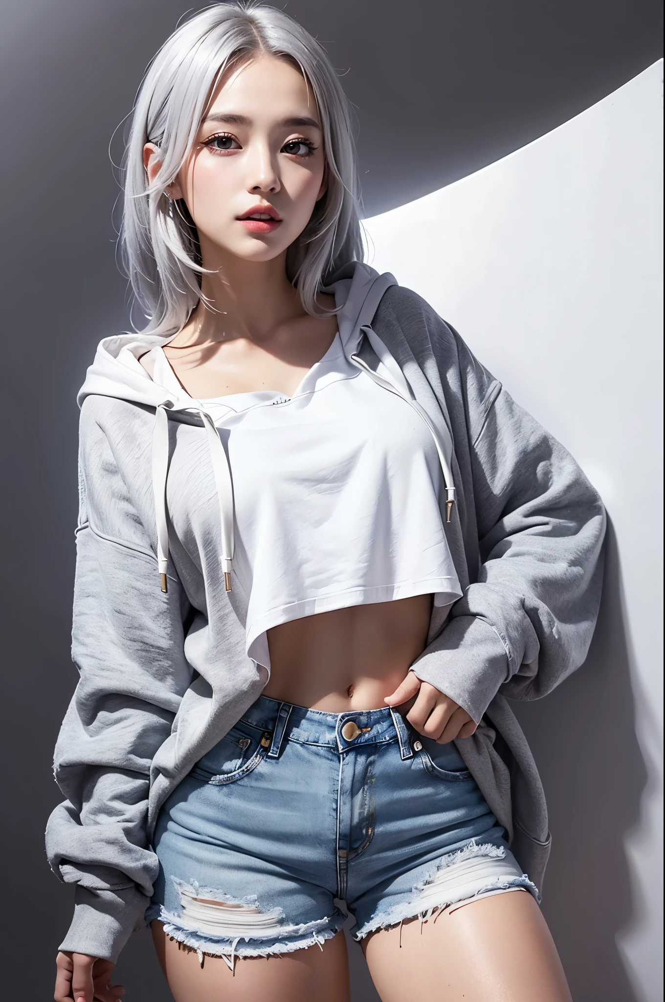 Realistic, masterpiece, Highest quality, Highest Resolution, (Gray blank background:1.3), (1girl:1.3), Shot from thigh up, 20-year-old, Height: 165cm, Thick thighs, Sharp Eyes, Chin up, Spacey and with mouth open, Slightly to the side, (Beautiful narrow eyes, (Iris:1.2)), (Hidden eyelid wrinkles:1.2), Thin eyebrows, Draw eyelashes carefully, Natural Makeup, (Long Hair, Straight Hair, Silver Hair), (White hoodie and denim hot pants:1.3)