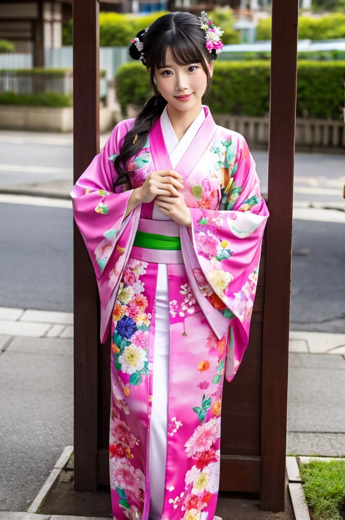 masterpiece, Highest quality,16K, Ultra-high resolution,The light and shadow of reality,Cinema Lenses,((Her waist is so slim and beautiful)),((High nose、Small Mouth)),((Clean and slim face line)),((Big dark eyes with long eyelashes)),((Very small face))((Very slim and beautiful arms)),((She is very thin and has a great figure)),((Pure white beautiful skin)),((Cute Japanese Girls)),(((She is wearing a bright pink kimono、yukata))),((Walking the streets of Tokyo)),(Beautiful Eyes:1.1),Reflecting clear eyes and a gentle smile,