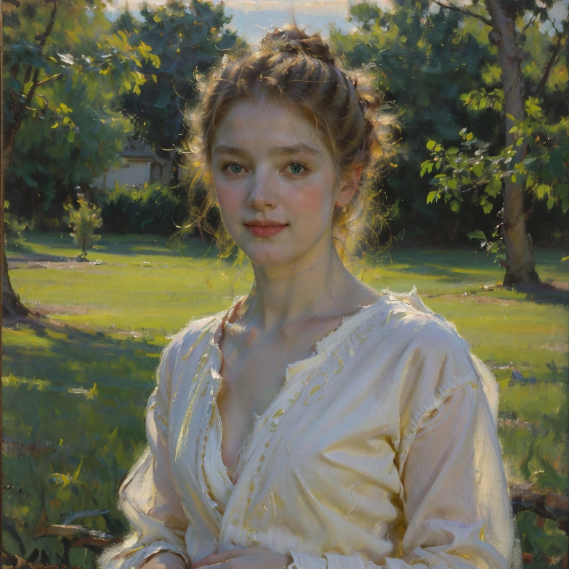 a portrait of a beautiful young girl, 18 years old, with long bright blonde hair, green eyes, wearing a classic white pajama robe, in a classical portrait style, oil painting, side view, face in focus, small smile, plain blue background, highly detailed, photorealistic, cinematic lighting, delicate skin, intricate facial features, elegant expression