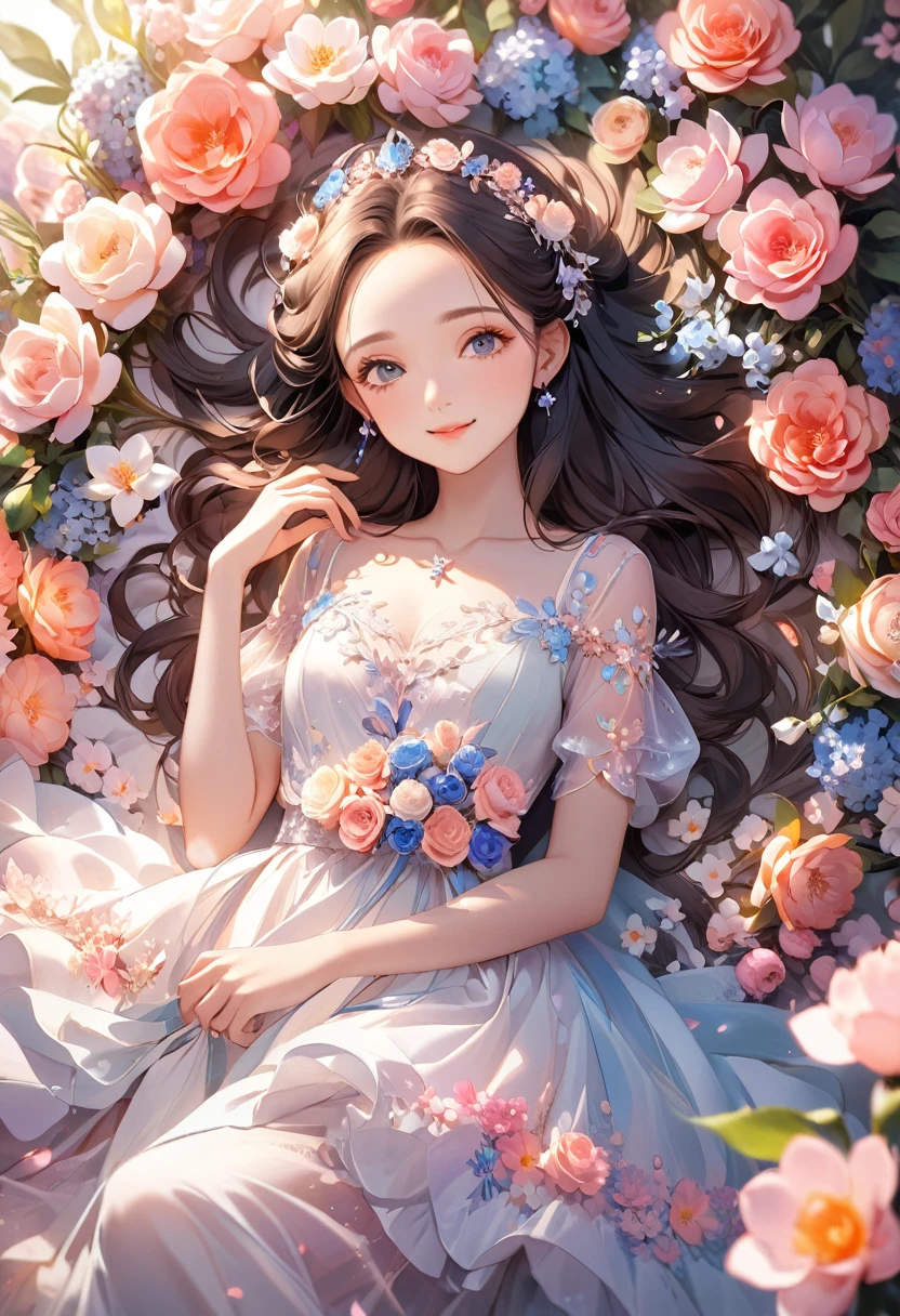 8K,high-res,((ultra detailed face)),Describe a scene in which a beautiful woman character is lying on  lot of flowers, she is 20 years old,wearing a beautiful dress,. Surround her with colorful flowers.(((big smiling))).((forehead)),pastel theme,kindness,soft focus,soft lighting