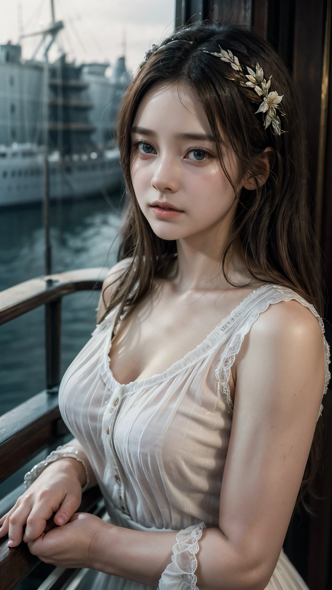 beautiful, detailed, Realistic portrait of a young man, A 20-year-old woman standing on the deck of the RMS Titanic in 1913., wearing a white see-through dress, with extremely detailed facial features, Big expressive eyes, High quality rendering, cinematic lighting, complex fabric texture, And nostalgic, Romantic atmosphere, Upper body shot, light skin, 매우 beautiful 분위기, detailed dress, detailed Titanic ship view, realistic titanic ship, realistic atmosphere, everything is realistic