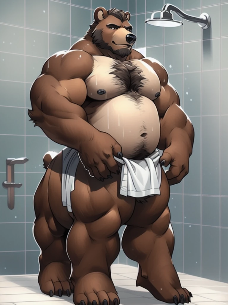 furry, fur taur, beartaur, middle-age, solo, detailed face, bear ears, bear eyes(brown), bear nose(black), bear mouth, garibaldi beard(grey), mature hair(grey), detailed arms, thick arms, muscular, thick hands(5 fingers), detailed body belly, thick body, muscle belly(white), thick chest, chest hair(grey), detailed taur body, thick bear paws, thick bear tail, full body shot, shower room, standing