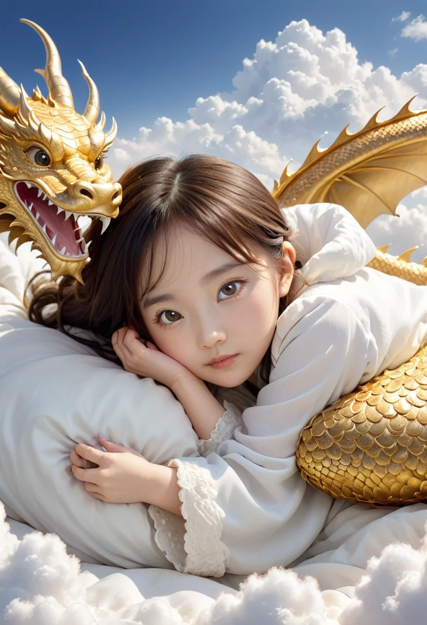 1  Chinese girl,Lovely, Round your face,Slept in a golden dragon bed, Two-horned dragon, Shutterstock Contest Winner, Fantasy art, Illustrated images, A dragon made of clouds, Chinese Fantasy, Camera shot, Intricate and sophisticated details, high quality，Japanese girl