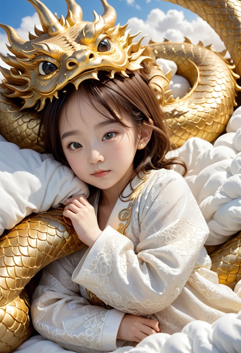 1 year old Chinese girl,Lovely, Round your face,Slept in a golden dragon bed, Two-horned dragon, Shutterstock Contest Winner, Fantasy art, Illustrated images, A dragon made of clouds, Chinese Fantasy, Camera shot, Intricate and sophisticated details, high quality,Japanese girl
