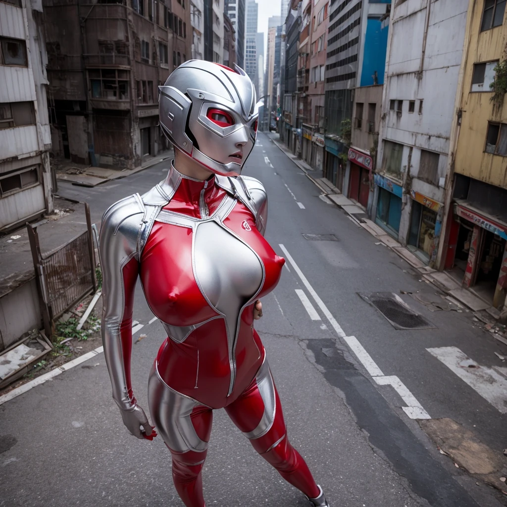 ultraman, huge breast, big nipples, futanari, red and silver bodysuit, 50m tall, standing, abandoned city