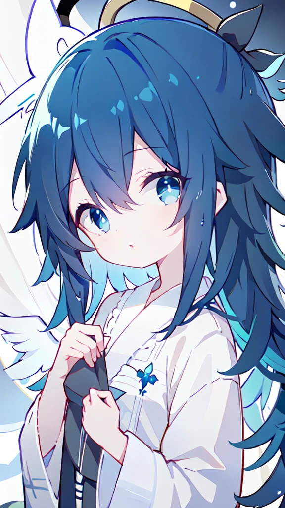 Blue Hair、Shortcuts、black eye、Pajama wear、Angel halo on、girl