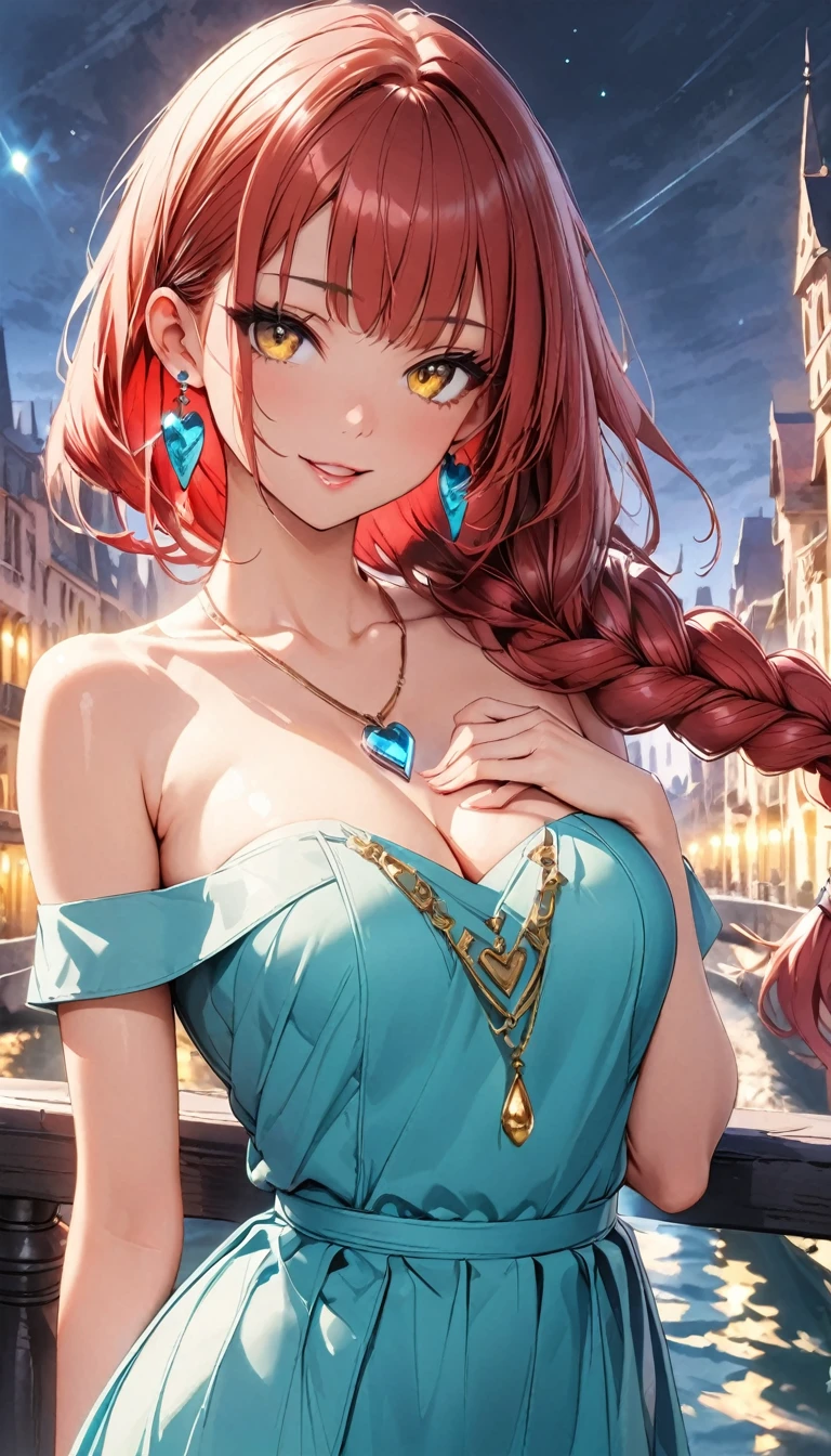 (highest quality:1.4), Very detailed, 8K, Vibrant, Best aesthetics, Accurate, (masterpiece:1.4),
BREAK 
(profile, Cowboy Shot:1.2), 1 beautiful girl, 18yo, small face, beautiful detailed face, narrow waist, The beauty and danger of growing from a girl to an adult, A symbol of miraculous beauty, Graceful posture, sensual, bewitching woman,  (cleavage), (coral red hair, shiny hair, A long single braid of hair flowing from the shoulder to the front:1.5), Swept bangs, 
BREAK 
(Deep Blue Dress, off shoulder, Strapless dress, Sleeveless, aqua blue teardrop-shaped earrings:1.4), 
BREAK 
(A fantasy world cityscape:1.4), A city resembling Venice with canals, Leaning against the railing of a bridge over a large river, Bright lighting, Beautiful world, Blown by the gentle wind, Soft sunlight that induces afternoon drowsiness, looking side glance, (left hand on own chest, five fingers:1.2), (vivid yellow eyes:1.4), Slit Pupils, beautiful detailed eyes, long delicate eyelashes, Meticulous Eyelash Details, (A golden heart-shaped pendant:1.5), 
BREAK 
(hot gaze, heart-shaped lips, beautiful detailed lips, Glossy, Open Mouth, Leaking sigh), seductive smile,