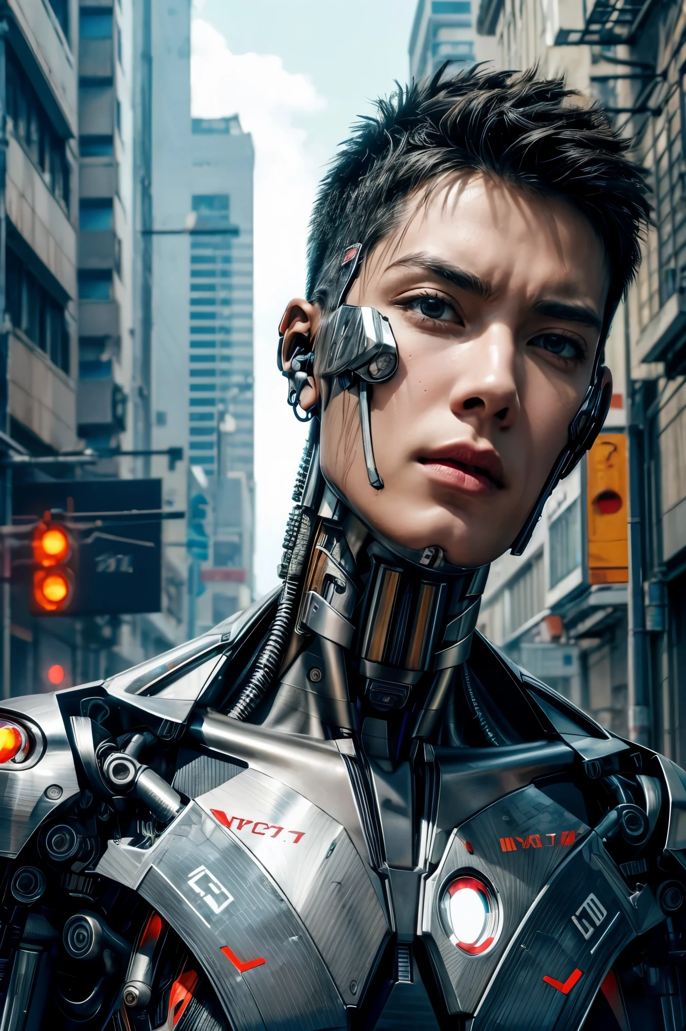 Raw photo, Super detailed, male, Cybernetic neck, (cyborg: 1.5), The background is an abandoned city block, Vivid details, Gorgeous cyberpunk, hyper-Realistic, Anatomical, elegant, 8K, Highest quality, masterpiece, Very detailed, (Realistic, photo-Realistic: 1.37), Portraiture.