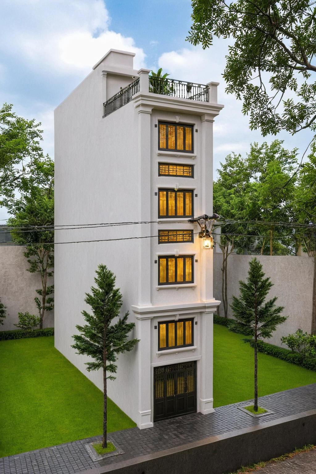 Raw photo,Masterpiece, high quality, best quality, authentic, super detail,
exterior, outdoors, house style indochine on the street ,aiaigroup
road,pavement, grass, trees, sky, cloud, (day:1.1), vivid colour,