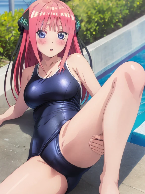 best quality, insanely detailed, nino nakano, breasts, blush, open legs, one-piece swimsuit,outside