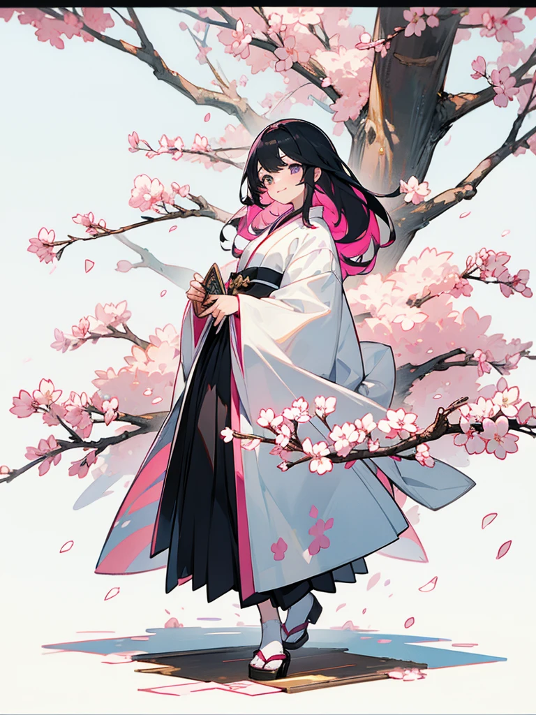 best quality, character design sheet, Character Sheet、adult woman、No hat on, Black and pink hair, whole body, Head to Toe, Fortuneteller、Standing facing forward, Beautiful black dress, long Black Hair, whole body, Pure white background, from front, best quality, Standing pose、Cherry blossom pattern、adult、Japanese、Clear eyes、Adult Japanese、Clear eyes、Standing facing forward、The face is facing forward、holding a magic card in hand、White background、Smiling face