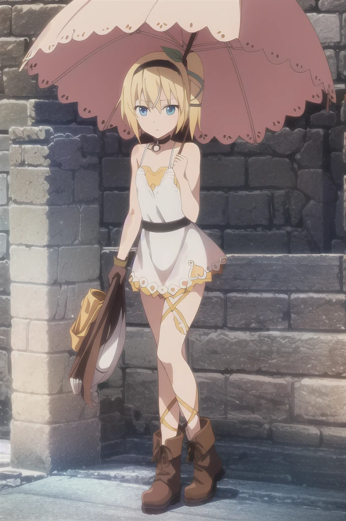 ((masterpiece)),((Highest quality)),Super detailed,Awareness-raising,Explicit,beautiful body,beautiful Nose,beautiful character design,Perfect Eyes,Perfect Face,wallpaper,Ultra-high resolution,4K,photograph,(beautiful,Small breasts:1.2),(beautiful顔:1.2),Beautiful feet,Perfect Legs,Shiny skin,Official Style,Browsing Caution,Official Art,Make a screen cap,Anime Coloring,
One girl,alone,umbrella,Blonde,short hair,choker,Side Ponytail,ribbon,blue eyes,black choker,gloves,leg ribbon,片手gloves,hair band,whole body,hair ribbon,dress,View your viewers,tress ribbon,boots,Are standing,white dress,skirt,clavicle,Beach,Outdoor,Day,