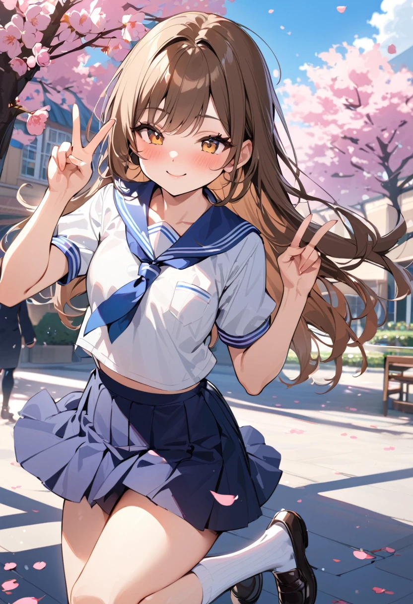 (masterpiece:1.5), best quality, very aesthetic, absurdres, 1girl, solo, high school girl, beautiful, 16 years old, long hair, chest-length hair, bangs, bright brown hair, cheerful smile, slightly blushing cheeks, , sailor uniform, white blouse, blue ribbon, dark blue skirt, white socks, black loafers, jumping, one hand up with V sign, other hand holding skirt, sunny day, school courtyard, blooming cherry trees, bright sunlight, falling cherry petals, school building in background, benches and fountain in courtyard, sharp focus on subject, background slightly blurred, vivid colors, anime style

