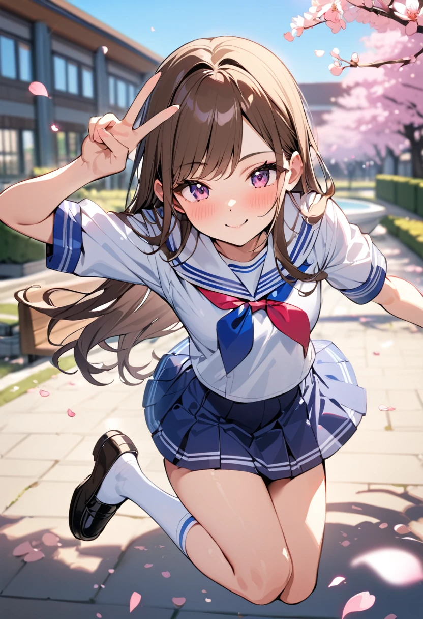 (masterpiece:1.5), best quality, very aesthetic, absurdres, 1girl, solo, high school girl, beautiful, 16 years old, long hair, chest-length hair, bangs, bright brown hair, cheerful smile, slightly blushing cheeks, , sailor uniform, white blouse, blue ribbon, dark blue skirt, white socks, black loafers, jumping, one hand up with V sign, other hand holding skirt, sunny day, school courtyard, blooming cherry trees, bright sunlight, falling cherry petals, school building in background, benches and fountain in courtyard, sharp focus on subject, background slightly blurred, vivid colors, anime style