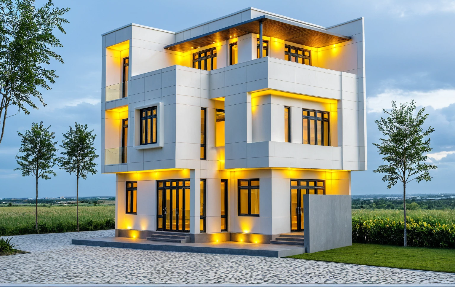 Masterpiece, high quality, best quality, authentic, super detail, outdoors, onestoreyvillaXL, aiaigroup, house style modern on the street, ((luxury villa)), stairs, white wall ,road,pavement, grass, trees, sky, cloud, (daylight:1.1),