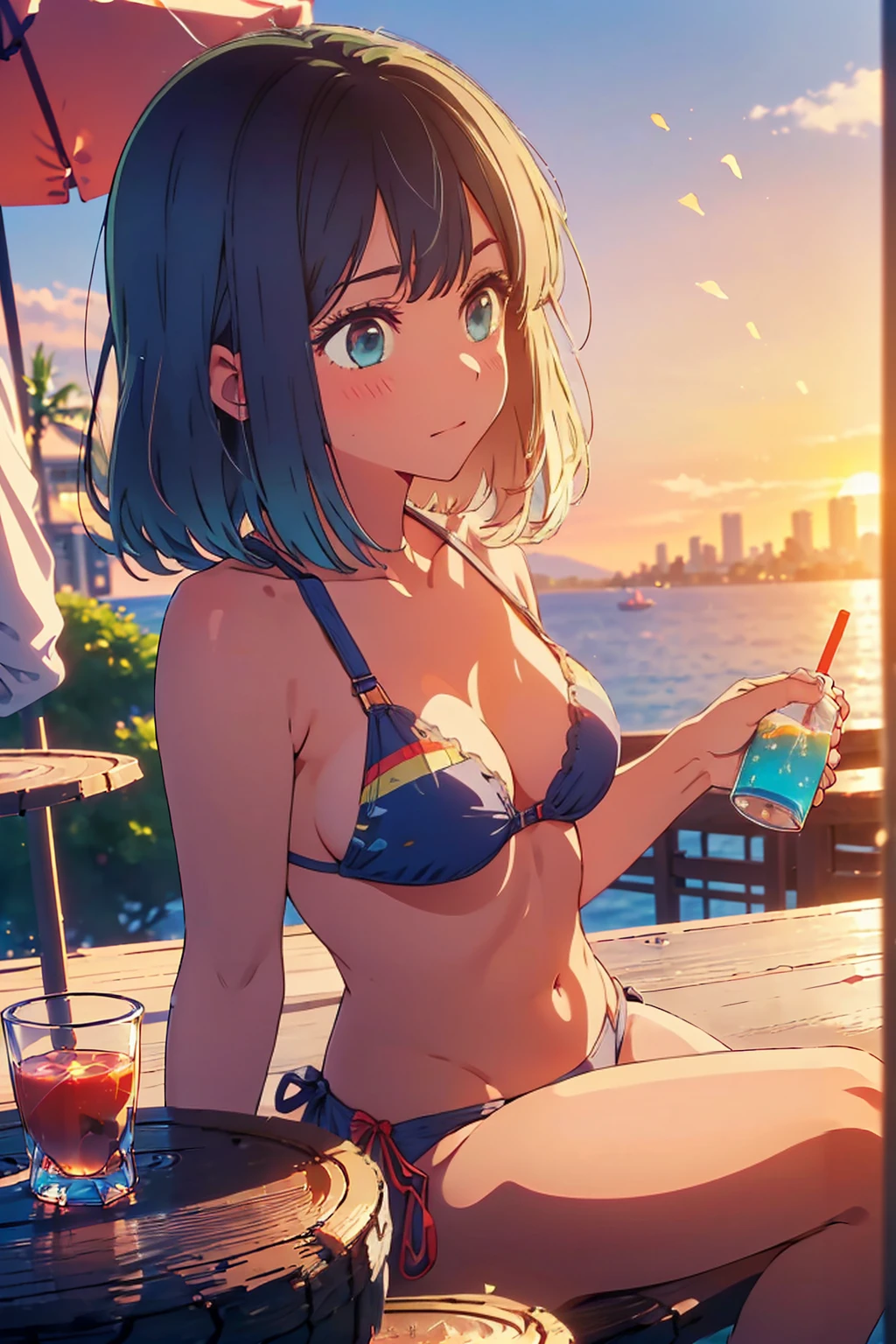 (Highest quality:1.4、masterpiece:1.4、Super detailed:1.4、8K:1.4)、F cup bust、Big Breasts、Slim body、((((1 person、sit、In the background are the urban buildings of Tokyo、looking at the camera、Outdoor café terrace、coastal、Navy hair color、Shooting from an angle、juice、table、Sunset Beach、sunset、Very cute face))))、((((bikini))))、Big eyes、((((Shallow depth of field))))、Holding a glass