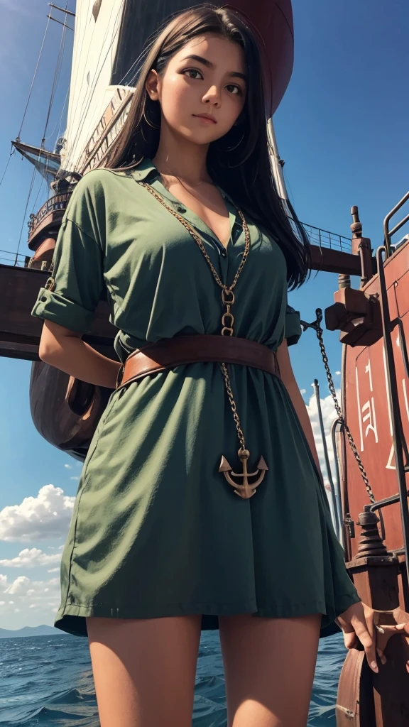 A girl holds on to a huge ship's anchor, looks at the camera