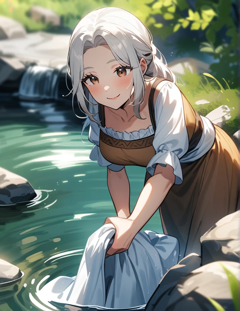 milf Greek woman with white hair, brown eyes, peasant clothes, washing some 
clothes on the edge of a stream, giving a gentle smile of relief