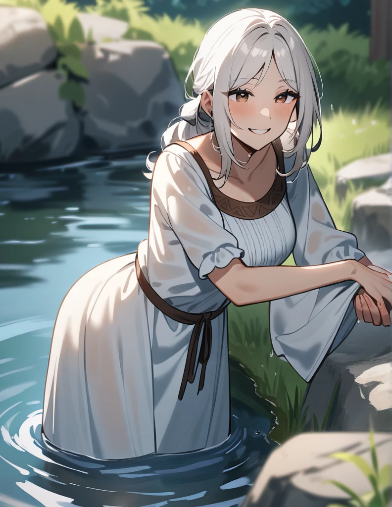milf Greek woman with white hair, brown eyes, peasant clothes, washing some
clothes on the edge of a stream, giving a gentle smile of relief