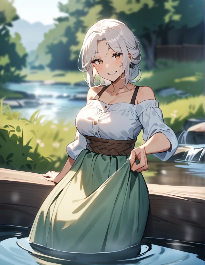 milf Greek woman with white hair, brown eyes, peasant clothes, washing some 
clothes on the edge of a stream, giving a gentle smile of relief
