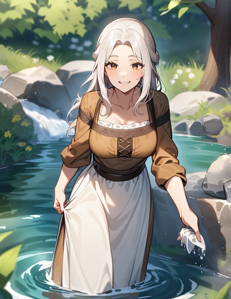 milf Greek woman with white hair, brown eyes, peasant clothes, washing some
clothes on the edge of a stream, giving a gentle smile of relief