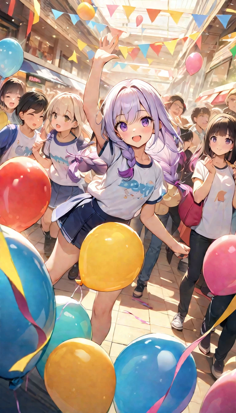 (Best quality, 8K, 32k, masterpiece, Ultra HD:1.3), (Children's Day illustration), Two children in short-sleeved T-shirts and short skirts cheering with hands raised at a high-end shopping mall, yinji, Purple Hair, Purple Eyes, Long hair, White hair, Double braid, Gradient hair, Bright and warm, There are streamers and balloons everywhere., Crowd cheering. Characters make up only a small part of the picture.